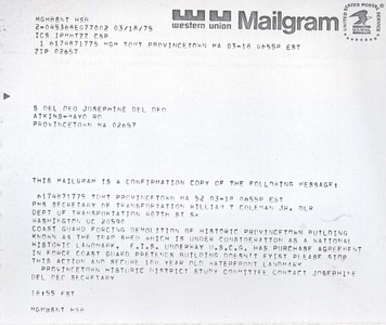 Mailgram  Re Trapshed Demolition From Sec. of Transportattion