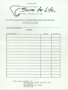 Pledge Form for the First Swim For Life 1988